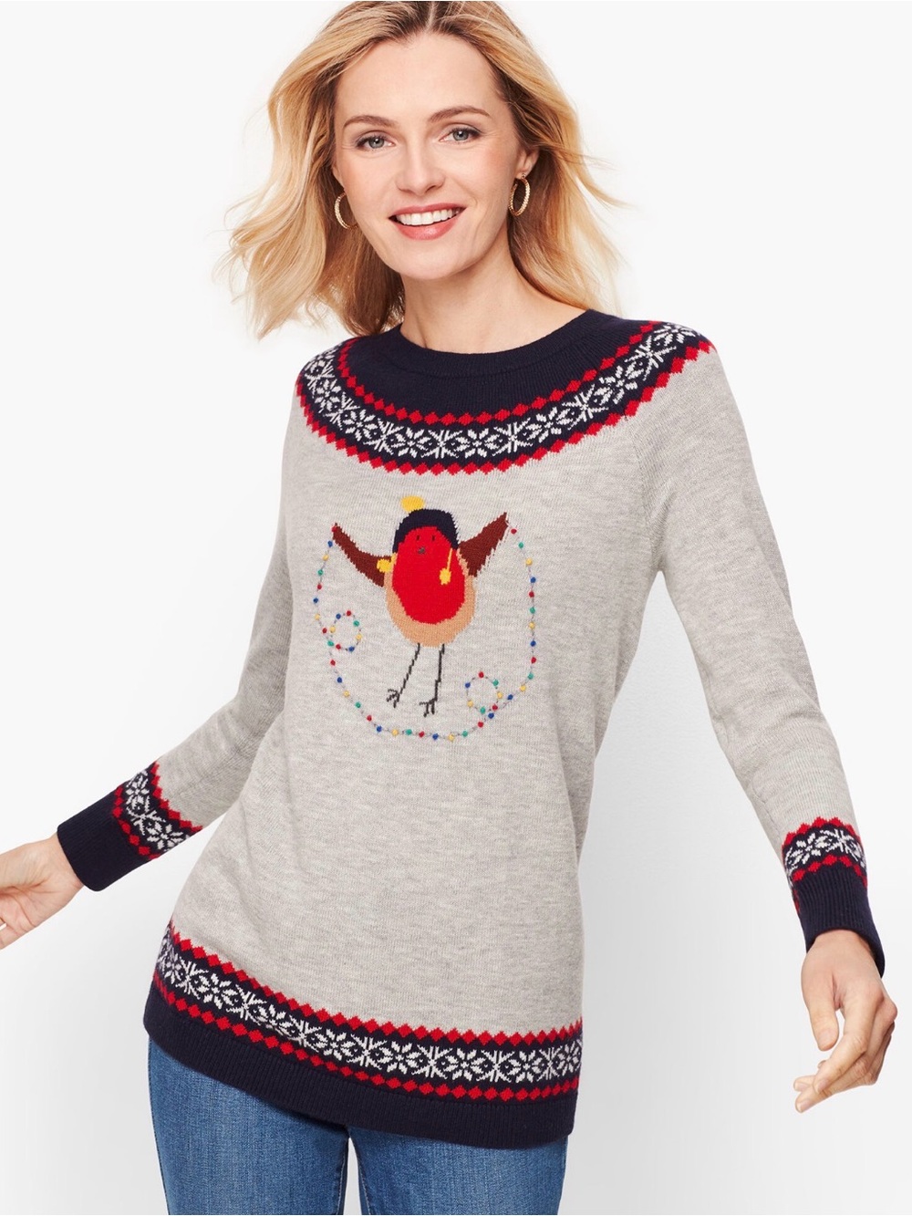 NEW Talbots Holiday Bird Fair Isle Gray Lambswool Blend Sweater XS NEW WITH TAGS